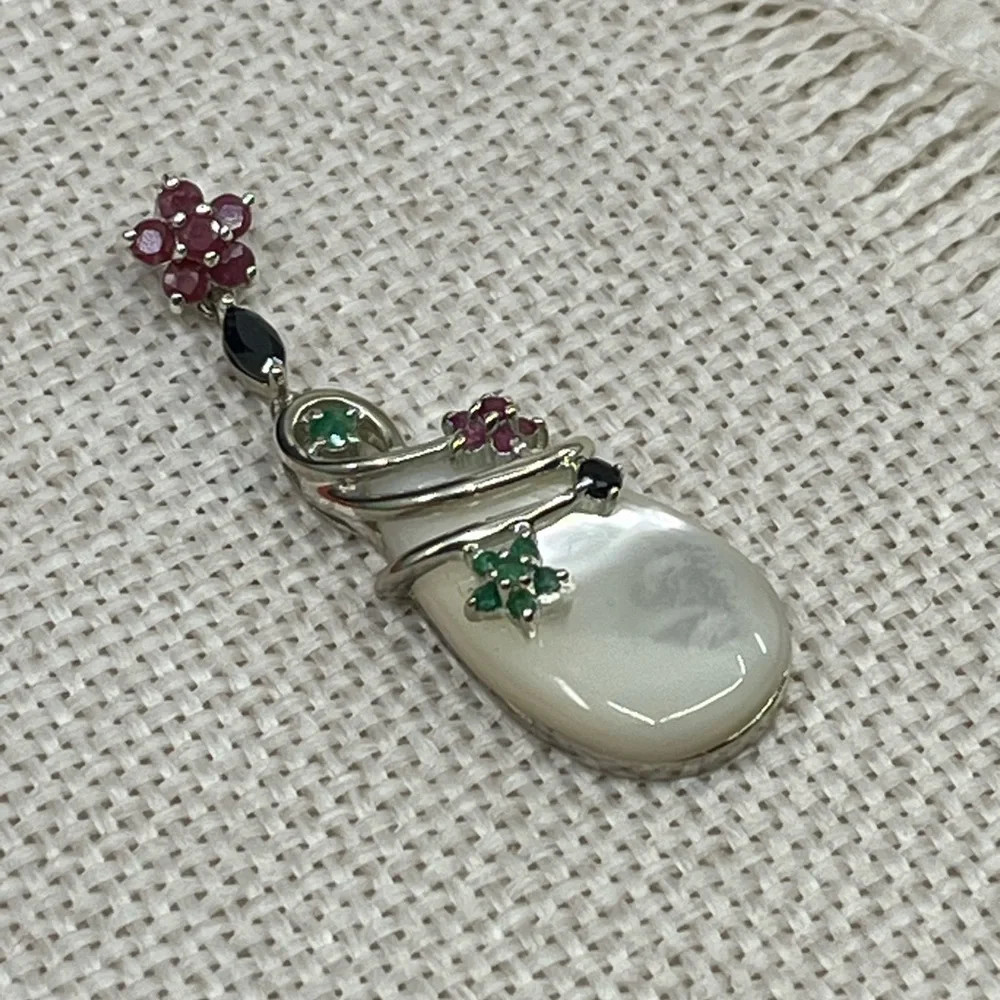 Vintage Sterling Silver Mother of Pearl & Gemstone Pendant